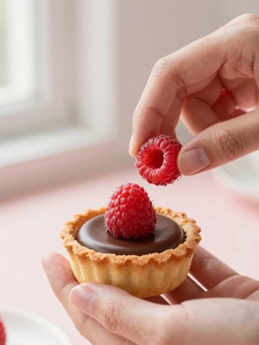 Close-up portrait of hands placing a final raspberry garnish on a miniature chocolate tart, soft natural window light, blush background, shallow depth of field, macro lens