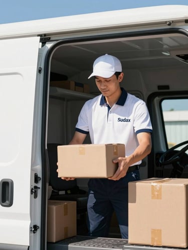 Professional courier in clean uniform securing packages inside a modern Sudax delivery truck, interior shot, bright daylight, sharp focus, high contrast.