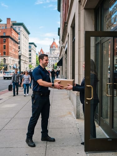 Professional Sudax courier in uniform delivering a package to a business in downtown Albany, NY, in crisp daylight, wide-angle environmental shot, high-contrast colors, sharp focus.