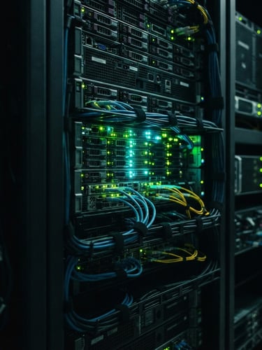 Close-up of a high-density server rack, glowing green and cyan status LEDs, clean cable management, dark low-key atmospheric lighting, 35mm lens