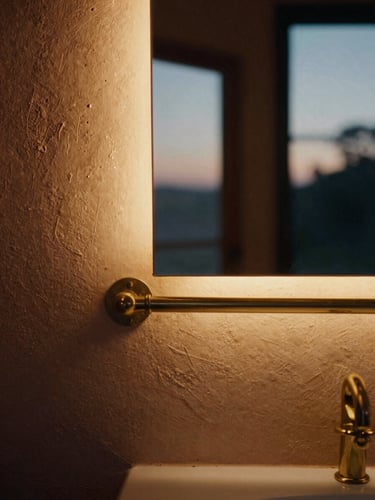 An illuminated brass vanity mirror bar casting a soft morning daylight wash on a textured plaster wall, twilight ambient light, medium format film, rich amber tones.