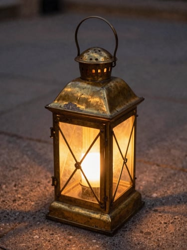 Close-up of a weathered brass lantern frame casting a low warm amber glow on a textured stone path at dusk, shallow depth of field
