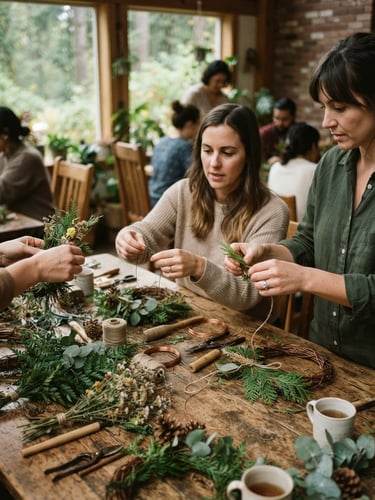 Candid medium shot of hands collaborating over a wooden table during a community workshop, soft overcast natural light, warm editorial style