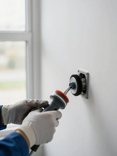 Wide-angle shot of a technician using a rotary brush system inside a residential laundry room, vent hose disconnected and tool inserted into wall port, bright indoor natural daylight from a nearby window, gloved hands visible, no face shown