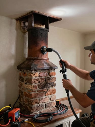 Wide shot of a technician inserting a flexible camera probe into a residential chimney flue from the firebox, bright work light illuminating the interior, tool cables and inspection equipment visible on the hearth floor, no face visible — focused on the hands and equipment