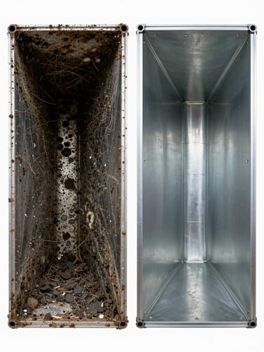 Wide-angle split view of two duct cross-sections side by side under bright work lighting — left duct interior coated in dark compacted debris, pet hair, and mold residue; right duct interior clean polished metal after professional extraction, Seattle residential setting