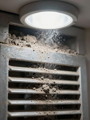 Extreme close-up of a residential air duct register packed with thick grey dust and debris, bright overhead work light illuminating the buildup in sharp detail, metal grille in foreground, dark duct interior visible behind the obstruction