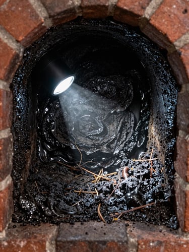 Close-up of a chimney flue interior coated in thick tar-black creosote buildup, diagnostic flashlight illuminating the glazed deposit layers, brick liner visible at edges, sharp detail revealing the combustible residue depth
