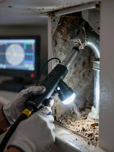 Close-up of a technician's gloved hands inserting a flexible inspection camera into a residential air duct opening, diagnostic screen glowing in background, bright worklight illuminating dust and debris inside the duct cavity, sharp technical detail