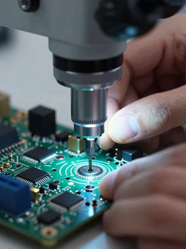 Cool clinical workbench light, macro technical photography of hands micro-soldering a motherboard under a microscope, sharp details, deep charcoal and electric blue tones, shallow depth of field