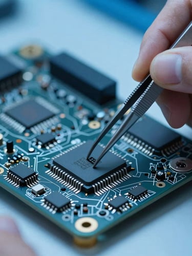 Macro shot of hands using precision tweezers to place a microchip on a motherboard under cool blue workbench light