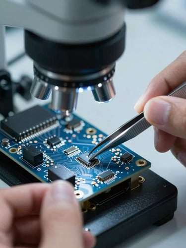 Close-up of hands using precision tweezers to place a micro-resistor on a circuit board under a microscope, cool laboratory lighting, sharp focus, technical atmosphere