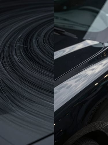High-contrast split screen showing swirled scratched black paint on the left, and flawless mirror-like polished black paint reflection on the right under sharp LED lights