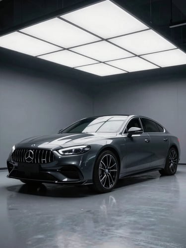 Wide clean environmental shot of a single luxury car in a clinical, brightly lit detailing bay with LED ceiling panels