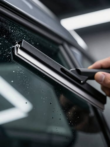Close-up macro shot of a technician applying window film with a squeegee, water droplets, precise alignment along a clean glass edge, cool LED lighting, high-contrast automotive detailing studio