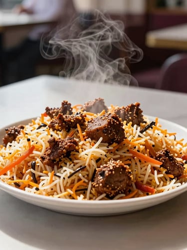 Medium close-up of a steaming plate of fresh local biryani waiting on a clean restaurant table, warm natural daylight, shallow depth of field, 35mm lens