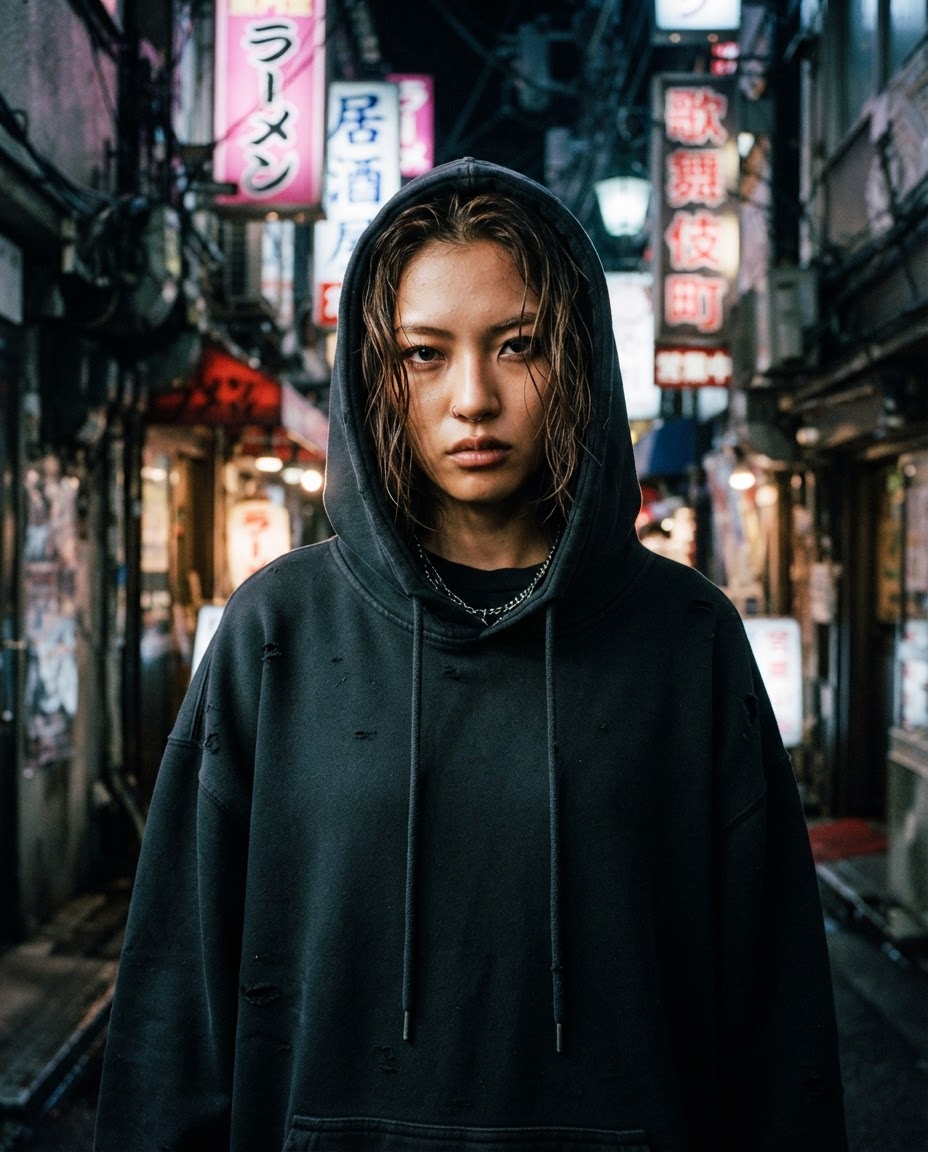 gritty urban fashion photography, neon night lighting, close-up of a model wearing a dark oversized streetwear hoodie in a neon-lit Tokyo alley, 35mm film grain