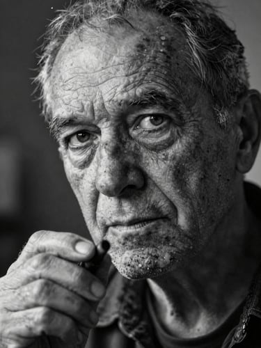 Tight, high-contrast black and white portrait of an elderly painter, deep wrinkles around intense eyes, holding a charcoal stick, natural side lighting, dramatic shadow