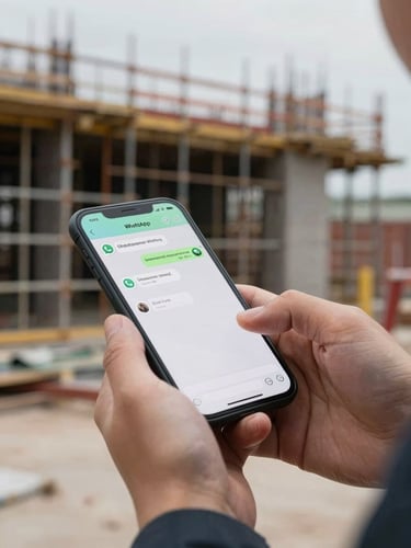 Close-up of hands typing a material order into WhatsApp on a smartphone, construction site background out of focus with scaffolding visible, overcast daylight, natural work environment