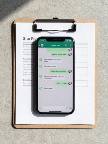 Overhead flat-lay of a phone on a construction clipboard showing WhatsApp messages being converted into a formatted site report, natural morning work light, clean concrete surface below