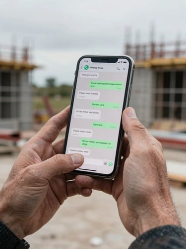 Close-up of weathered hands holding a smartphone showing a WhatsApp group chat with construction material orders and site update messages, overcast natural daylight, construction site background softly out of focus to the right