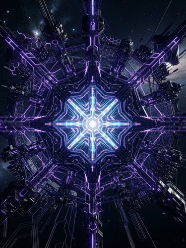 Stark architectural schematic of a megastructure, high-contrast cosmic lighting, deep obsidian and ultraviolet tones, sharp geometric telemetry, macro scale
