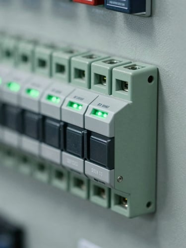 Macro technical shot of a high-tech electrical PLC panel, cool high-contrast industrial lighting, subtle green indicator-light glows, sharp macro detail, 35mm