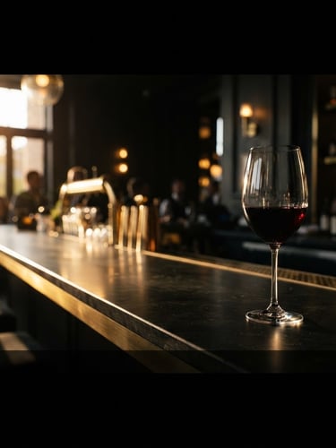 Wide panoramic shot of an elegant bar counter at golden hour, a single pristine red wine glass on the right third, catching dramatic rim light, dark charcoal background, gold reflections, 85mm lens