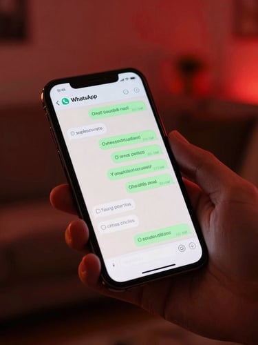 A close-up of a hand holding a modern smartphone displaying a WhatsApp chat with a support agent, warm ambient lighting, cozy living room background