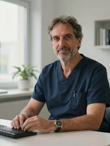 Ritratto professionale del Dott. Porro, specialista otorinolaringoiatra, nel suo studio medico moderno, illuminazione clinica naturale e brillante, inquadratura media su sfondo neutro.