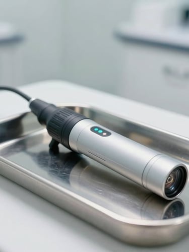 A close-up shot of a modern clinical endoscope resting on a sterile metal tray in Dr. Porro's bright, white medical studio, sharp natural lighting.