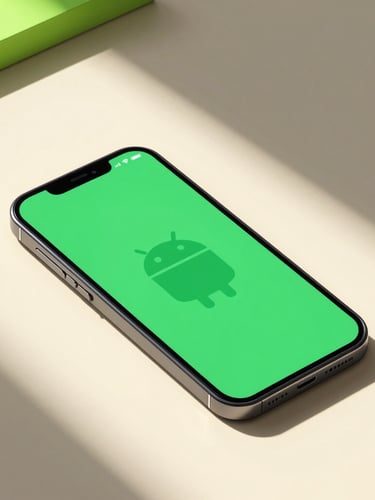 Isometric high-fidelity mockup of a sleek Android smartphone displaying a vibrant green minimalist utility app, resting on a warm cream surface, soft morning light with neon green accents, clean geometric shadows.