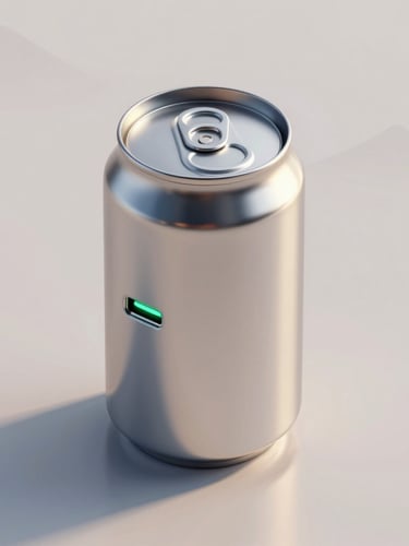 Isometric 3D render of a stylized metallic milk can with a glowing green USB-C port on its side, soft morning light reflecting off the surface, clean minimalist background with subtle mountain lines.