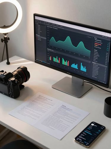 Wide environmental shot of a creator's desk workspace, camera left — a monitor showing an analytics dashboard with audience demographic graphs, a ring light stand visible at the frame edge, natural window light casting soft shadows across the desk surface, overhead angle capturing briefing notes and a phone with performance data visible on screen