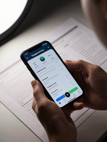 Close-up overhead view of hands holding a smartphone displaying campaign performance metrics — reach, engagement rate, and conversion data visible on screen — resting on a desk scattered with printed briefing notes, studio strobe light casting sharp shadows from the left