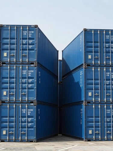 Wide-angle daylight shot of modern blue shipping containers stacked symmetrically at Jeddah Islamic Port, clean lines, high contrast