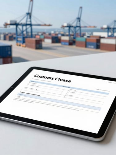 Close-up of a tablet displaying digital customs clearance documentation on a clean desk, blurred background of a modern shipping terminal with cool blue tones