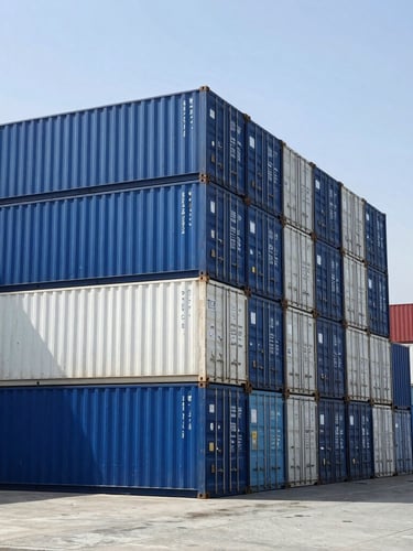 Geometric wide-angle shot of clean blue and white shipping containers stacked at Jeddah Islamic Port under bright Saudi daylight.