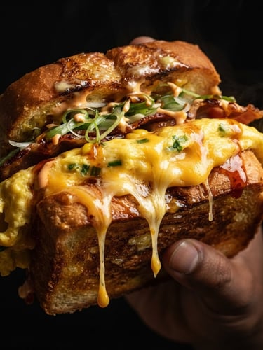 Macro portrait of a loaded Korean egg sandwich, melting cheddar cheese dripping down, fluffy folded omelette, butter-toasted thick milk bread, sizzling steam, moody high-contrast lighting, deep shadows, black background.