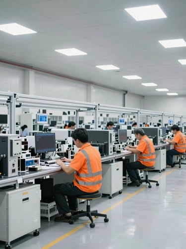 Wide environmental shot of a clean, modern electronics assembly line, bright natural warehouse lighting, desaturated cool tones, 35mm lens