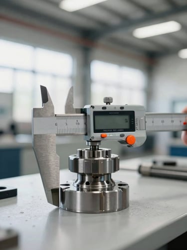 Industrial documentary photography, bright natural warehouse lighting, desaturated cool tones with safety orange accents, 35mm lens. Close-up of a precision digital caliper measuring a machined metal component on a factory floor, clean background.