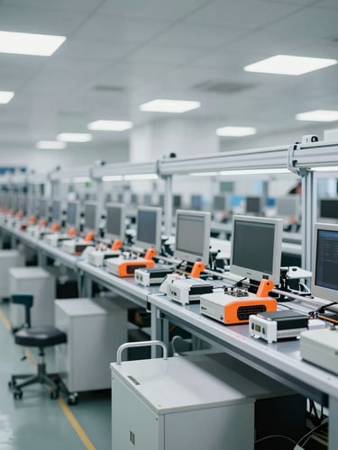 Industrial documentary photography, a clean modern electronics assembly line in Shenzhen, bright high-key warehouse lighting, cool metallic tones with subtle safety orange accents, 35mm lens.