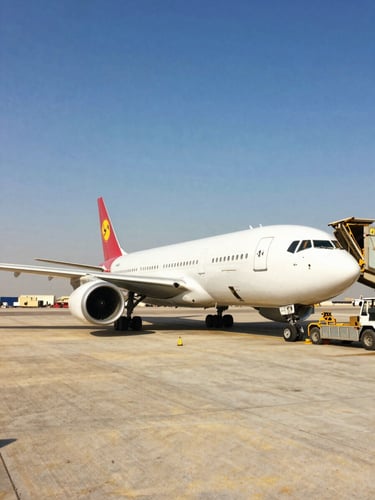 Wide environmental shot of a cargo plane loading at Deira cargo hub in Dubai under bright natural daylight, 35mm documentary photography