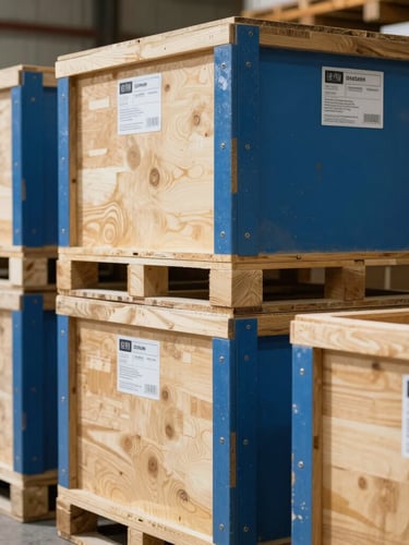 Tight close-up of heavy-duty secured wooden cargo crates with shipping labels inside a bright warehouse, 35mm documentary logistics photography