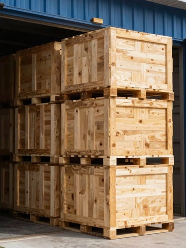 A tall portrait of secured wooden cargo crates stacked inside a shipping warehouse, bright natural daylight streaming through open doors, sharp focus, 35mm
