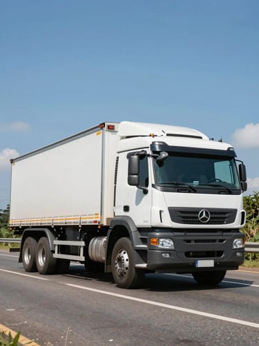 Low-angle heroic shot of a clean heavy-duty cargo truck driving on a wide Brazilian highway during bright daylight, high contrast