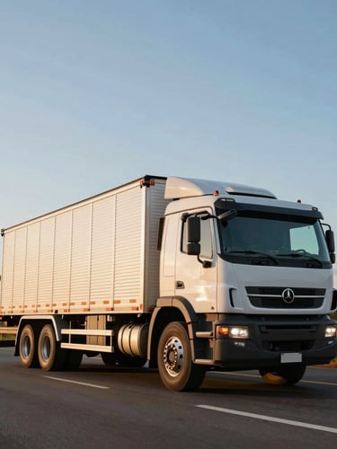 Low-angle heroic shot of a clean, heavy-duty cargo truck driving on a wide Brazilian highway during golden hour, clear sky
