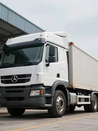 Low-angle heroic shot of a clean, modern heavy-duty cargo truck parked at a secure logistics terminal during crisp daylight, industrial composition