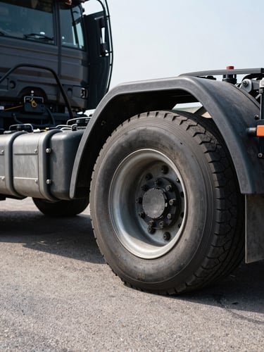 Close-up of industrial heavy cargo truck wheels and robust chassis parked on clean asphalt, bright daylight, high contrast