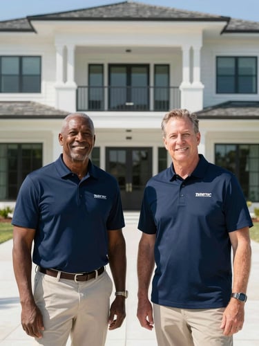 Symmetrical portrait of veteran founders Zavier and Tyler in clean navy branded polo shirts, standing proudly in front of a modern coastal luxury home in Destin, bright sunlight, wide architectural crop.